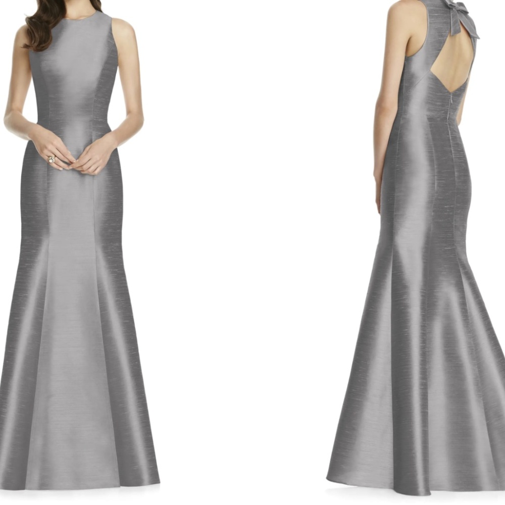NWT ALFRED SUNG Dupioni Trumpet Gown in Quarry